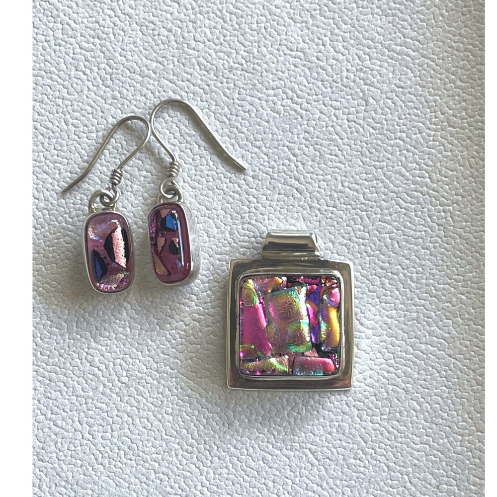 Sterling Silver 925 Dichroic Art Glass Pendant & Earrings Set Pink Purple 21g